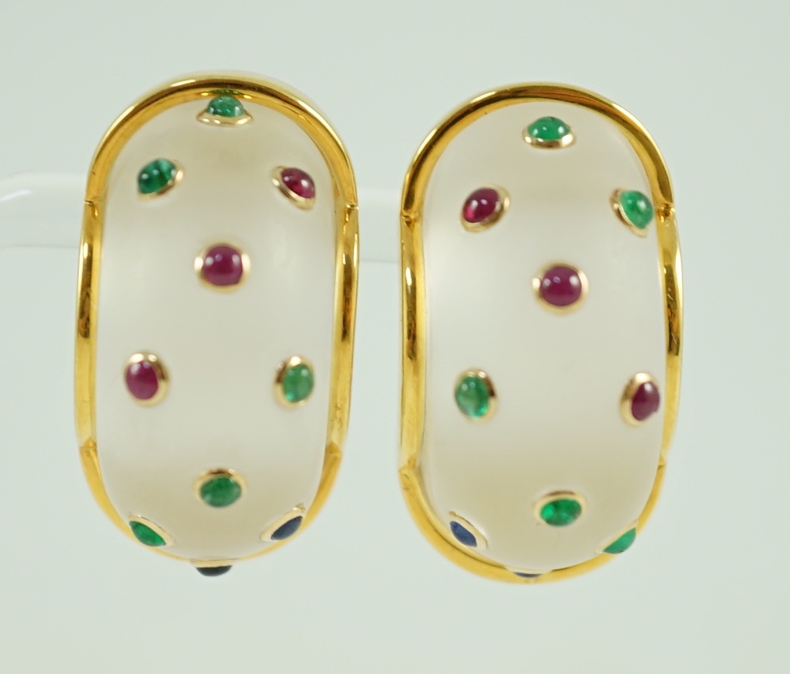 A pair of 20th century 14k gold, rock crystal and cabochon gem set demi-lune earrings